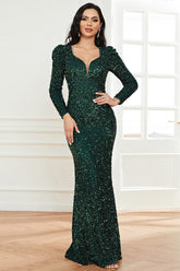 Vestido de noche de fiesta de manga larga con lentejuelas verde oscuro